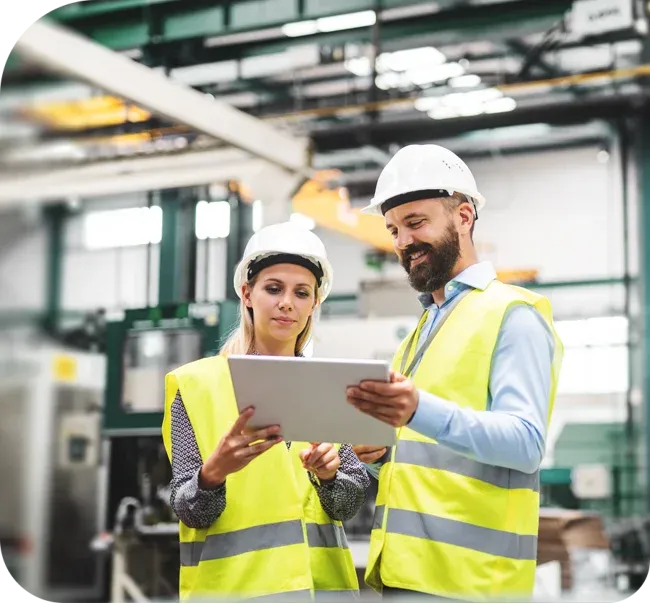 workers looking at a tablet in a manufacturing facility